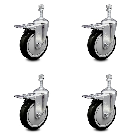 Service Caster 5 Inch Black Polyurethane Swivel 10mm Stem Caster Set with Total Lock Brake SCC-TSTTL20S514-PPUB-BLK-M1015-4